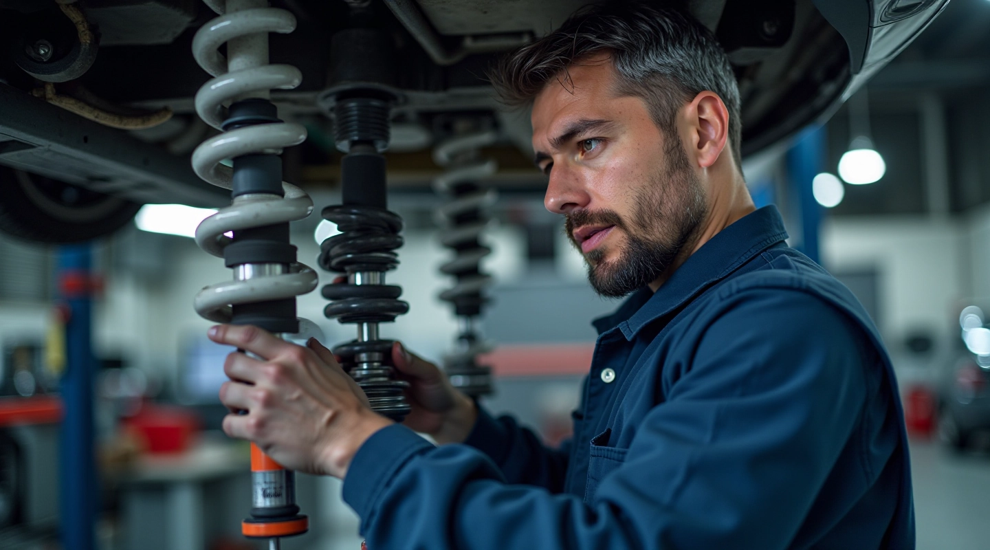 Modern automotive workshop with suspension repair station