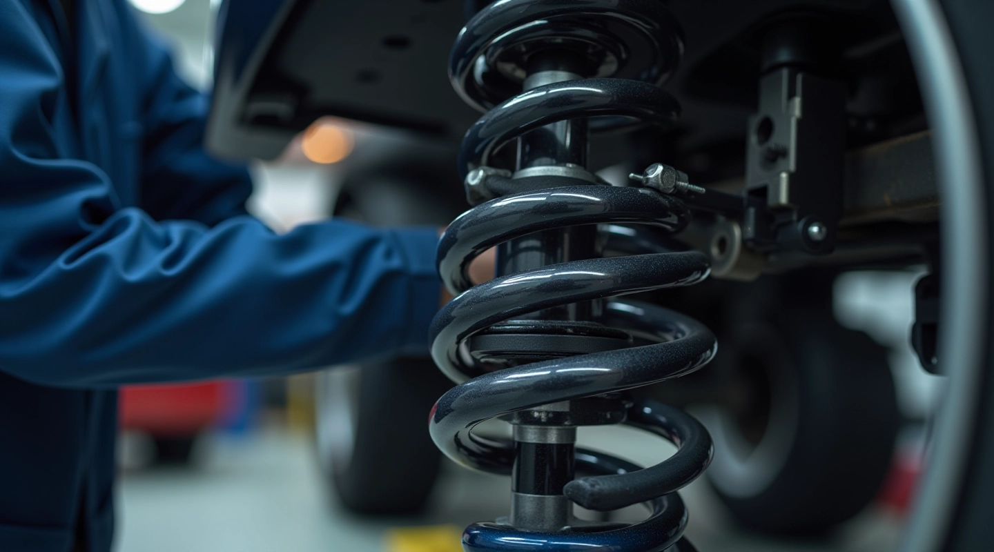 Close-up of car suspension spring and shock absorber component mounted on vehicle