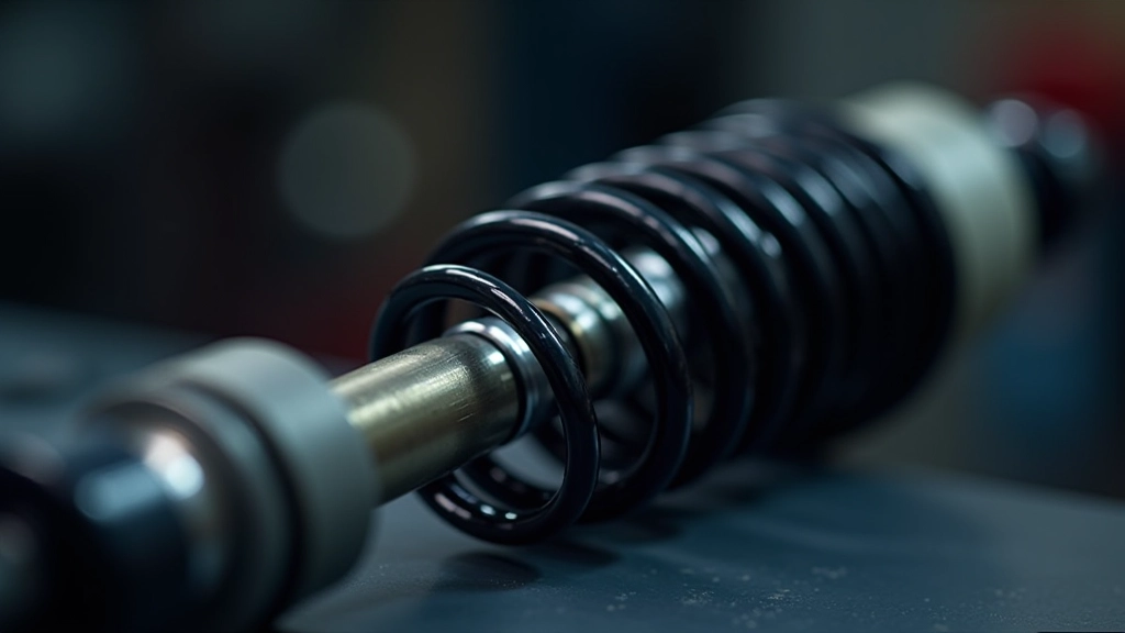 Close-up of OEM suspension spring and shock absorber assembly showing factory markings and specifications