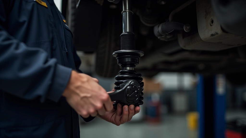Mechanic removing old shock absorber using proper tools and equipment during replacement