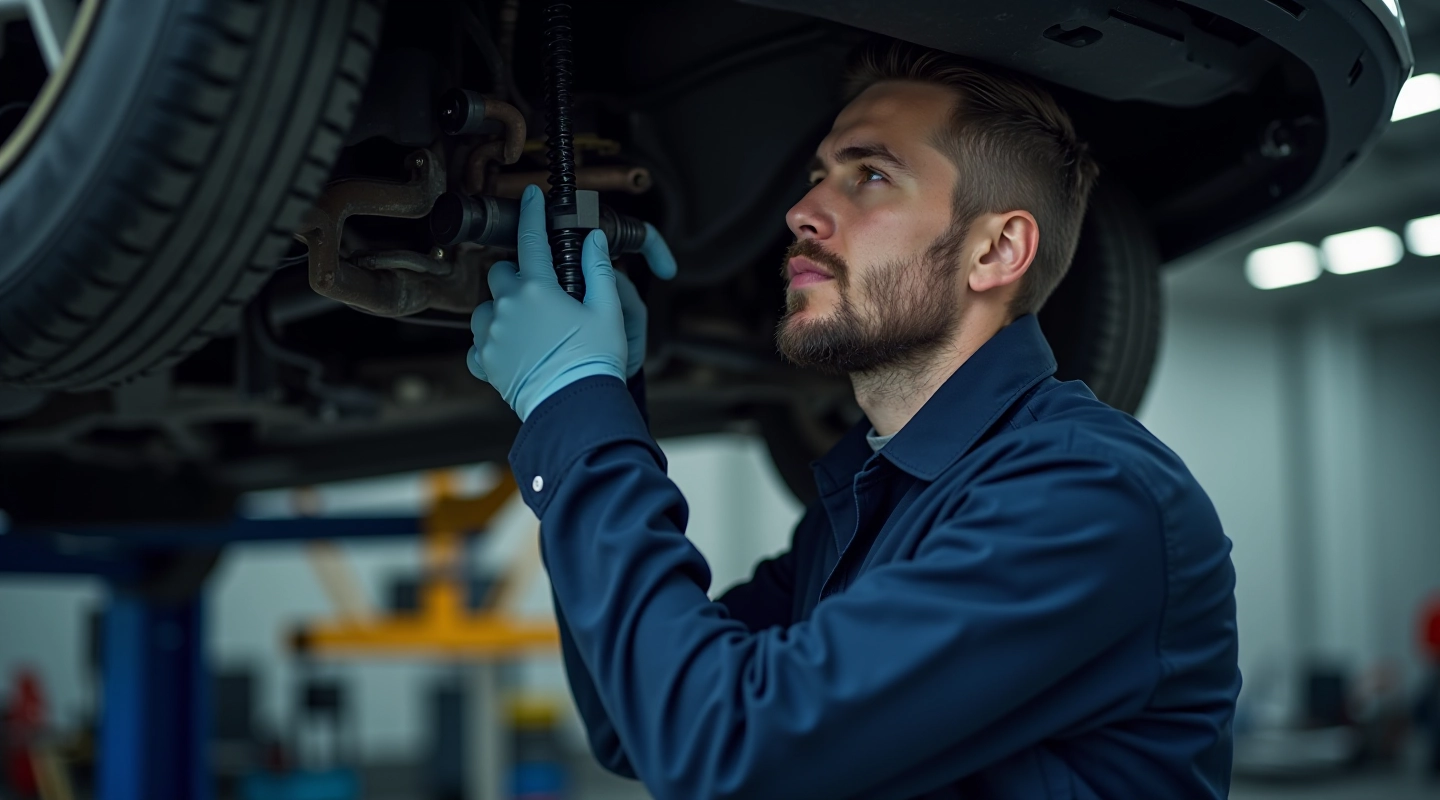 Professional mechanic inspecting vehicle suspension components