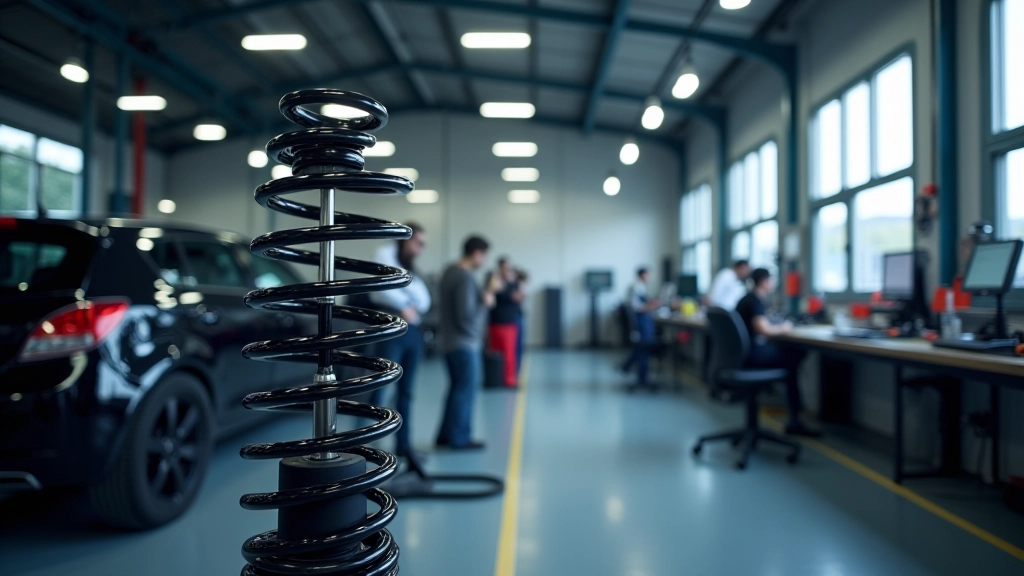 Modern car suspension workshop with diagnostic equipment and professional mechanics