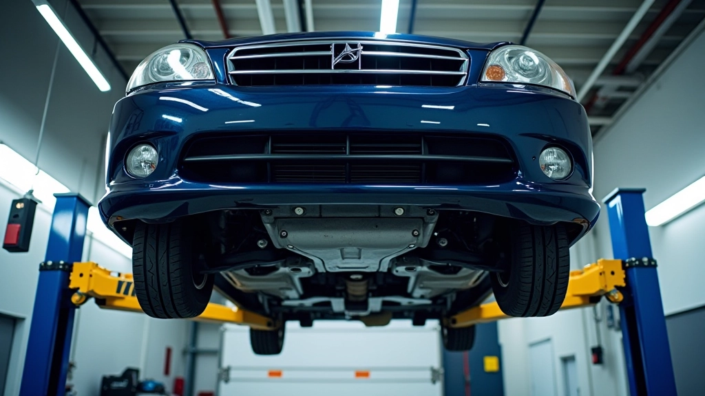 Car elevated on hydraulic lift in professional garage workshop with suspension systems visible