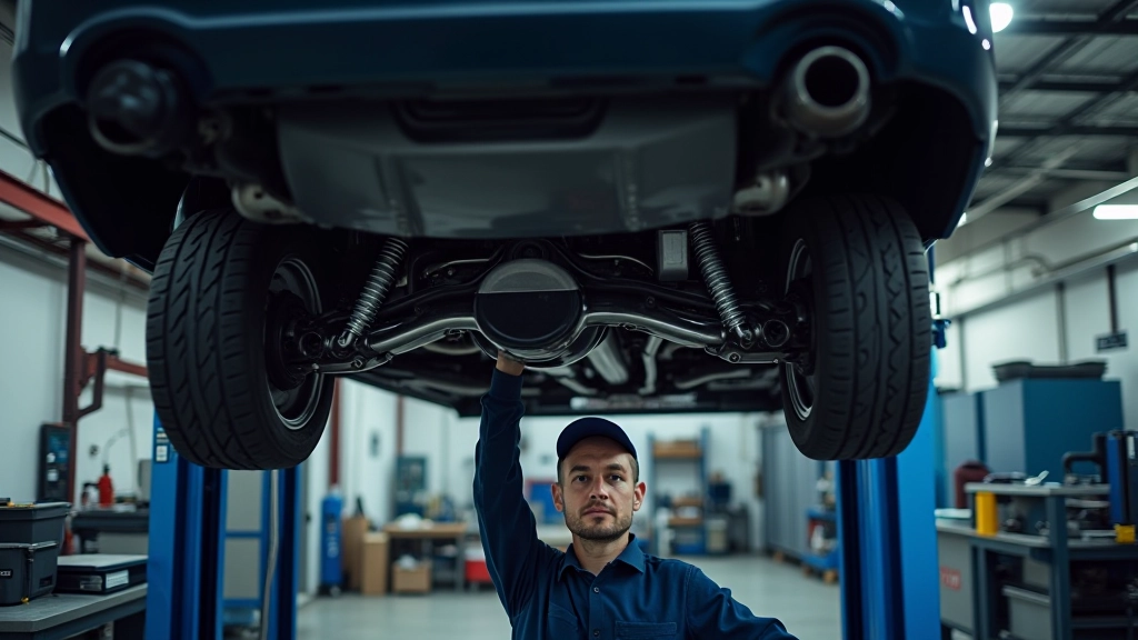 Photograph of vehicle elevated on lift showing suspension system components