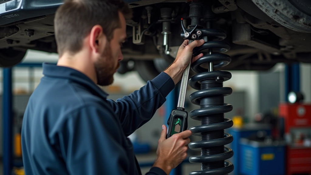Mechanic using diagnostic tools to measure suspension geometry and ride height specifications