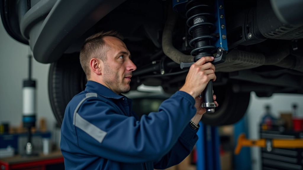 Mechanic working on vehicle suspension system in professional workshop garage