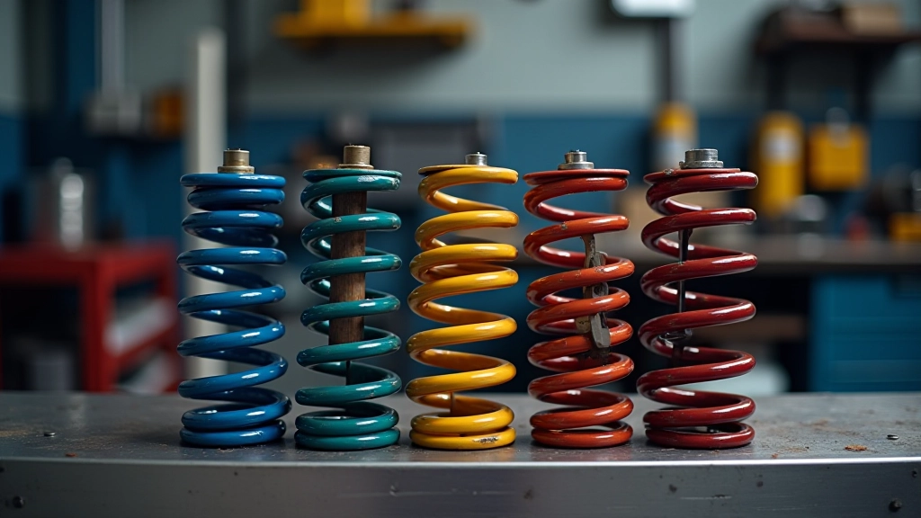 Selection of various suspension spring colors and specifications laid out showing different performance grades