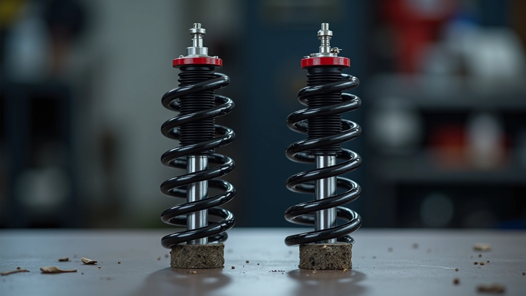 Side-by-side comparison of new and worn shock absorber showing internal damage and fluid loss